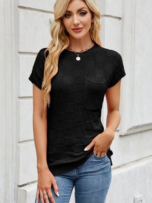 Black textured knit t-shirt with short sleeves and a chest pocket.