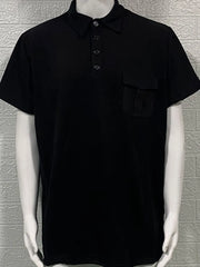 Black acrylic utility pocket polo shirt with short sleeves and button placket.