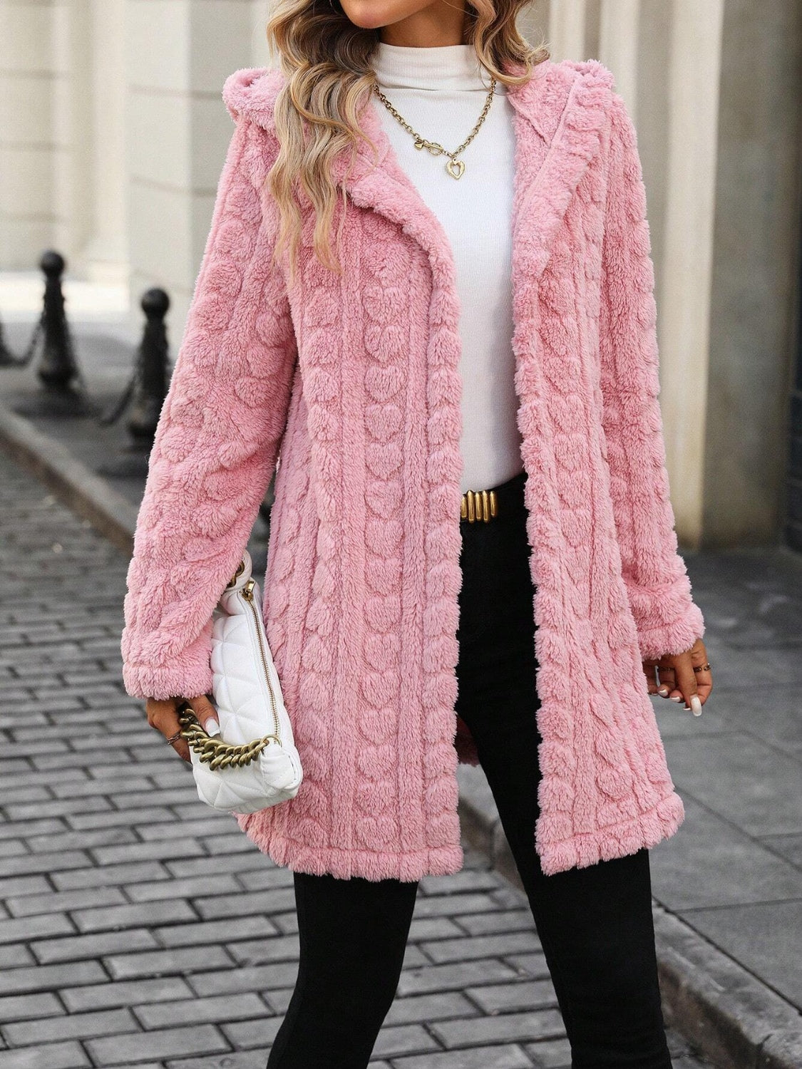 Blush pink textured heartbeat hooded coat with a relaxed fit, made of polyester.