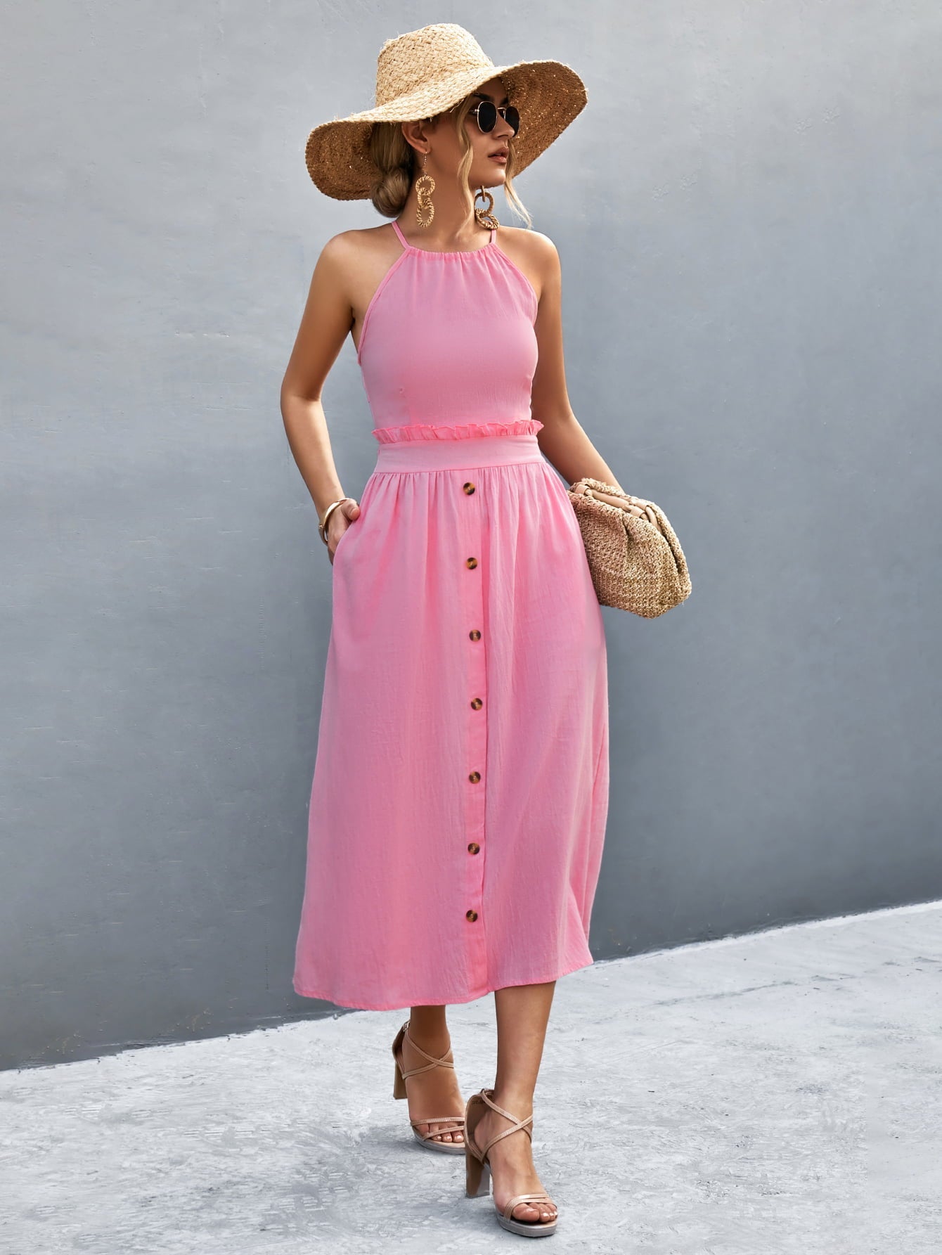 Pink button-down midi dress with halter neck and ruffled waist detail