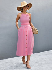 Pink button-down midi dress with halter neck and ruffled waist detail