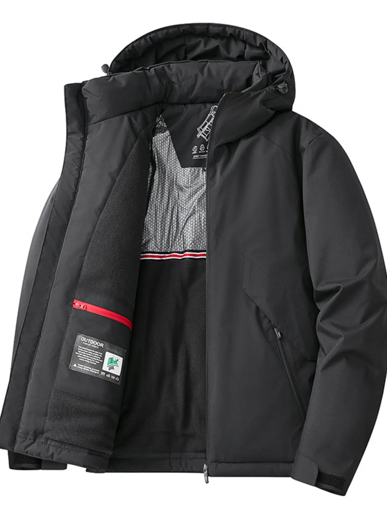 Black hooded windbreaker jacket with fleece lining and red zippered pocket detail.