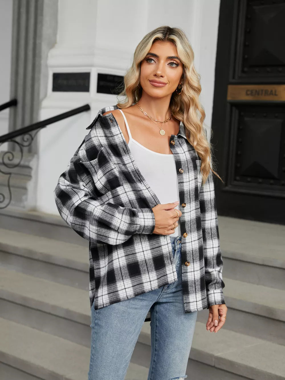 button-up shirt in Dark Brown with plaid and buttoned