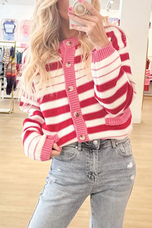 Stripe V Neck Long Sleeve Cardigan in Strawberry, model styling view