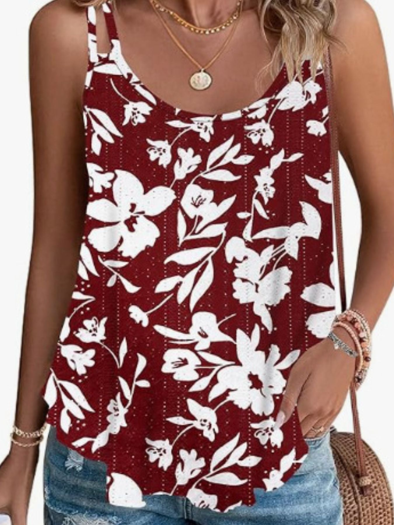 Burgundy floral eyelet cami with double straps and scoop neck