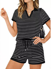 Black striped polo shirt and drawstring shorts loungewear set with pockets.