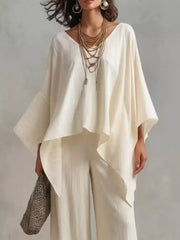 Full Size V-neck Top And Pants Set Plus Size in White, side view