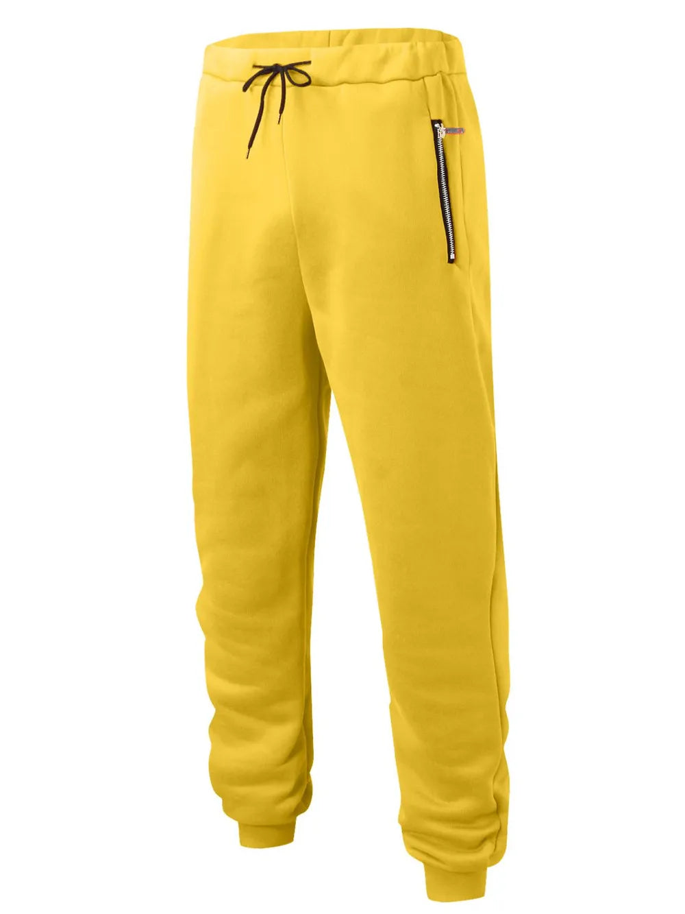 Yellow fleece joggers with drawstring waist and zip pocket detail.
