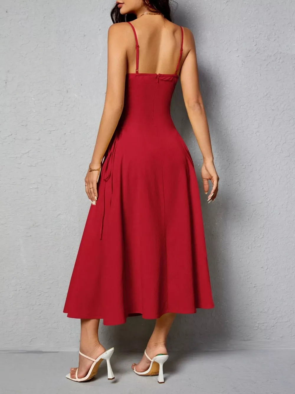 Deep Red a-line cami dress with crisscross lace-up detail and adjustable tie waist.