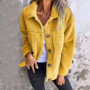 Textured sherpa utility jacket in mustard with button front and chest pockets.