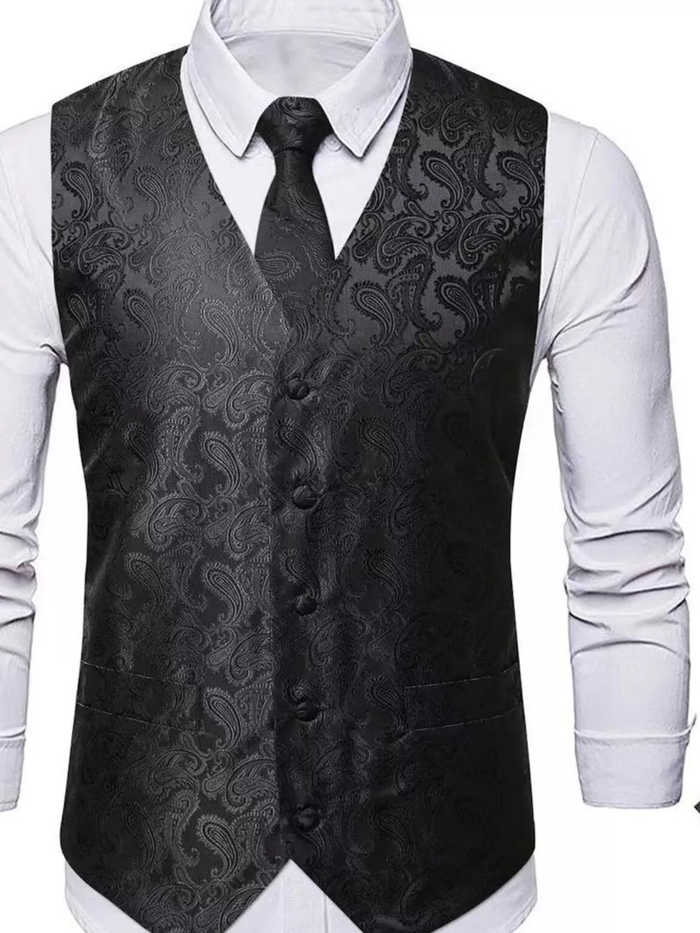 Men's Full Size Paisley Print Button Up Vest, close-up detail