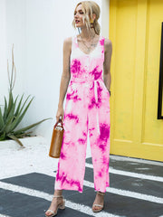 Hot Pink tie-dye button-down jumpsuit with tie waist and wide legs.