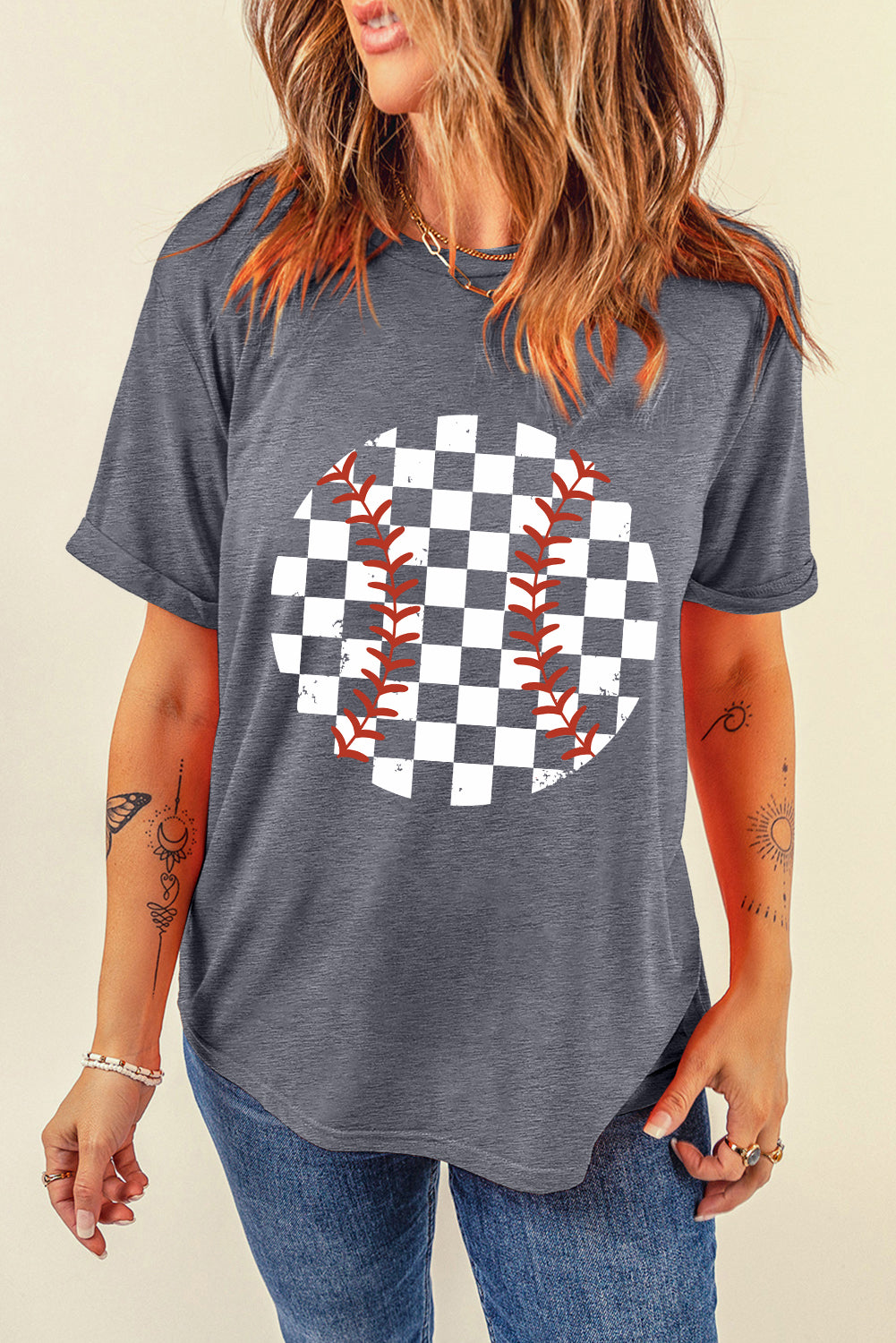 Dark gray checkered baseball graphic t-shirt with rolled sleeves.