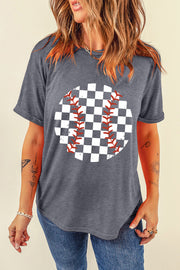 Dark gray checkered baseball graphic t-shirt with rolled sleeves.