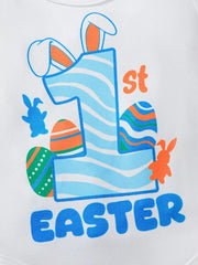 White baby bodysuit with blue striped "1st" and Easter graphics