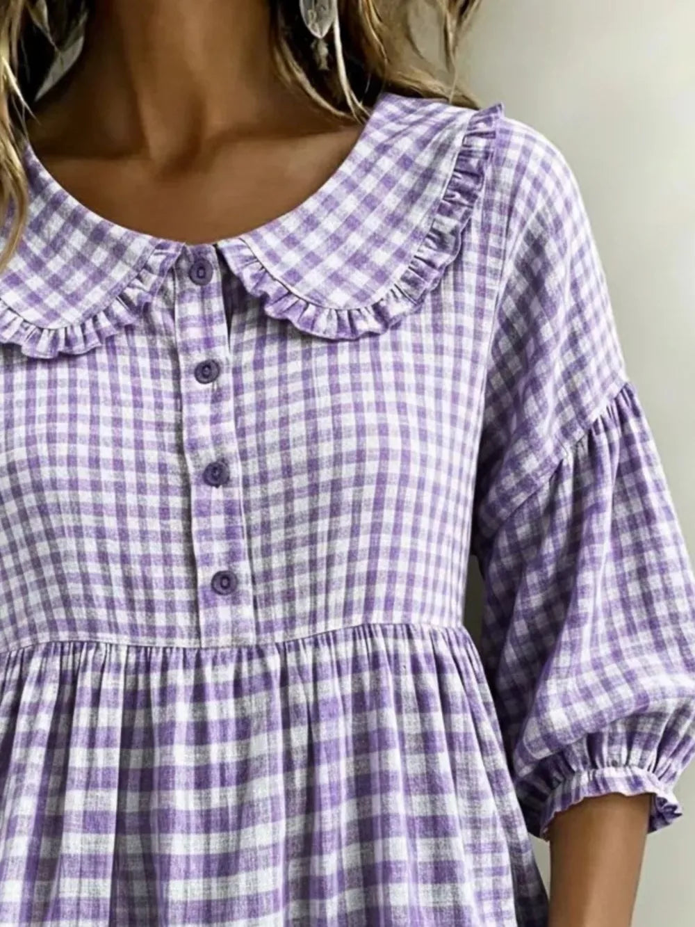 Full Size Gingham Peter Pan Collar Blouse Plus Size, model styling view