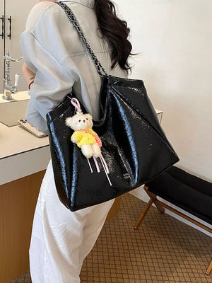 Pu Leather Large Shoulder Bag in Black, side view