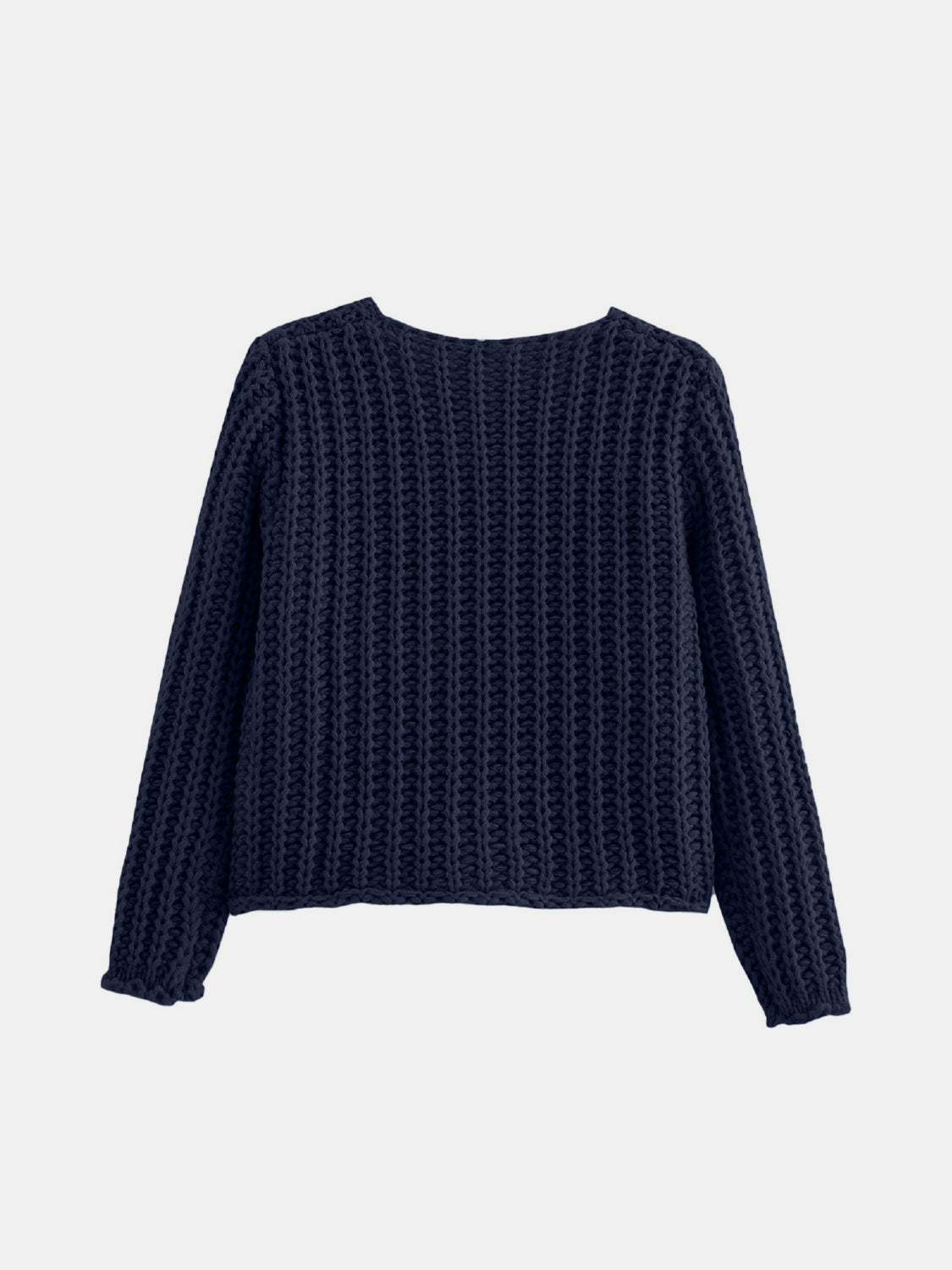 Chunky knit cardigan in indigo with long sleeves and crew neck.