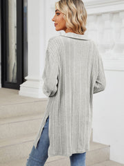 Light Gray ribbed knit collared tunic top with side slits, styled with jeans.