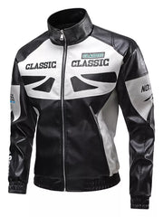 Black and white color block moto jacket with "CLASSIC" graphic details and a stand-up collar.