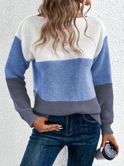 Colorblock boatneck ribbed knit sweater in white, light blue, and dark gray.