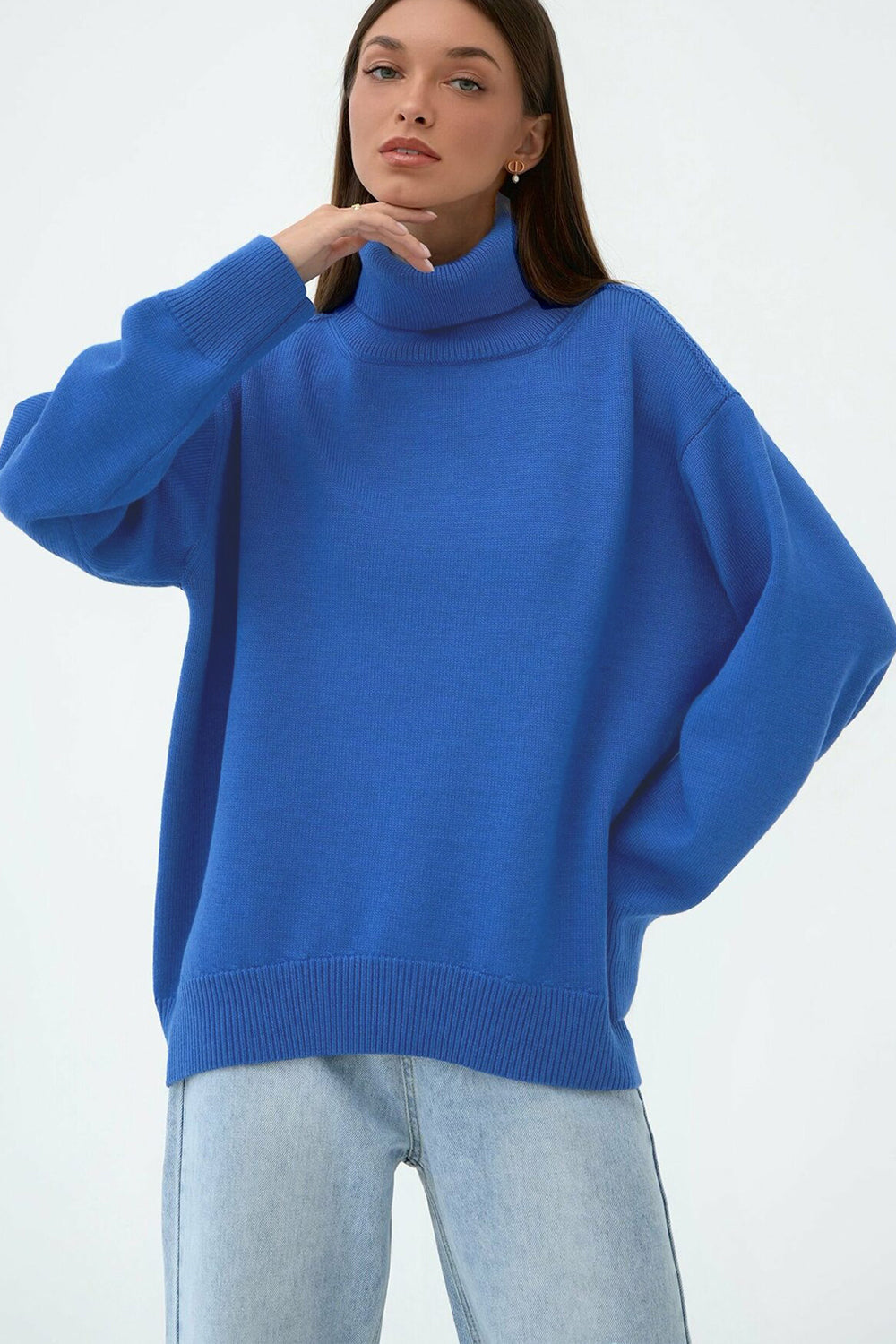 Royal Blue relaxed roll-neck sweater with a boxy knit and ribbed cuffs and hem.