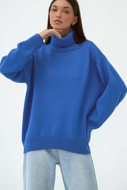 Royal Blue relaxed roll-neck sweater with a boxy knit and ribbed cuffs and hem.