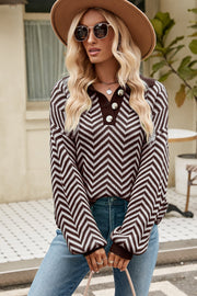 Chevron knit polo sweater in chocolate and white with button detail.