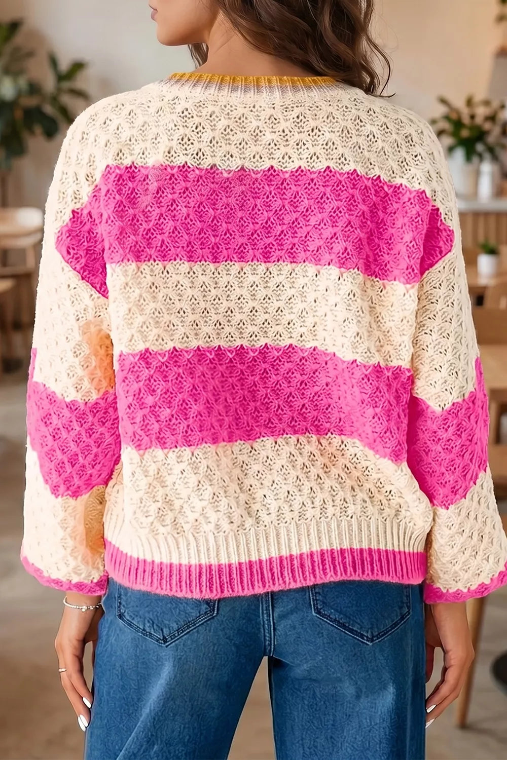 Striped Colorblock Drop Shoulder Sweater in Hot Pink, model styling view