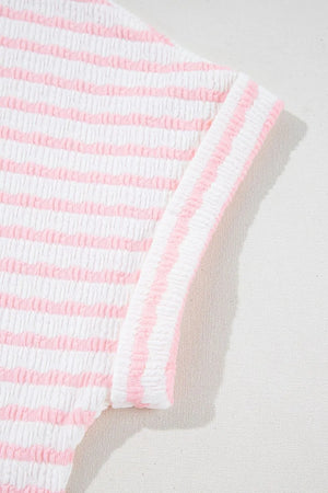Blush pink and white striped textured loungewear set, short sleeve top detail.