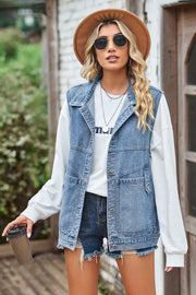 Denim vest with button front and chest pockets, styled with a white sweatshirt and denim shorts.