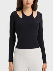 Black ribbed long sleeve sport top with cutout shoulders