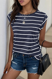 Dark Blue and White Stripe Tee with cap sleeves and button shoulder detail