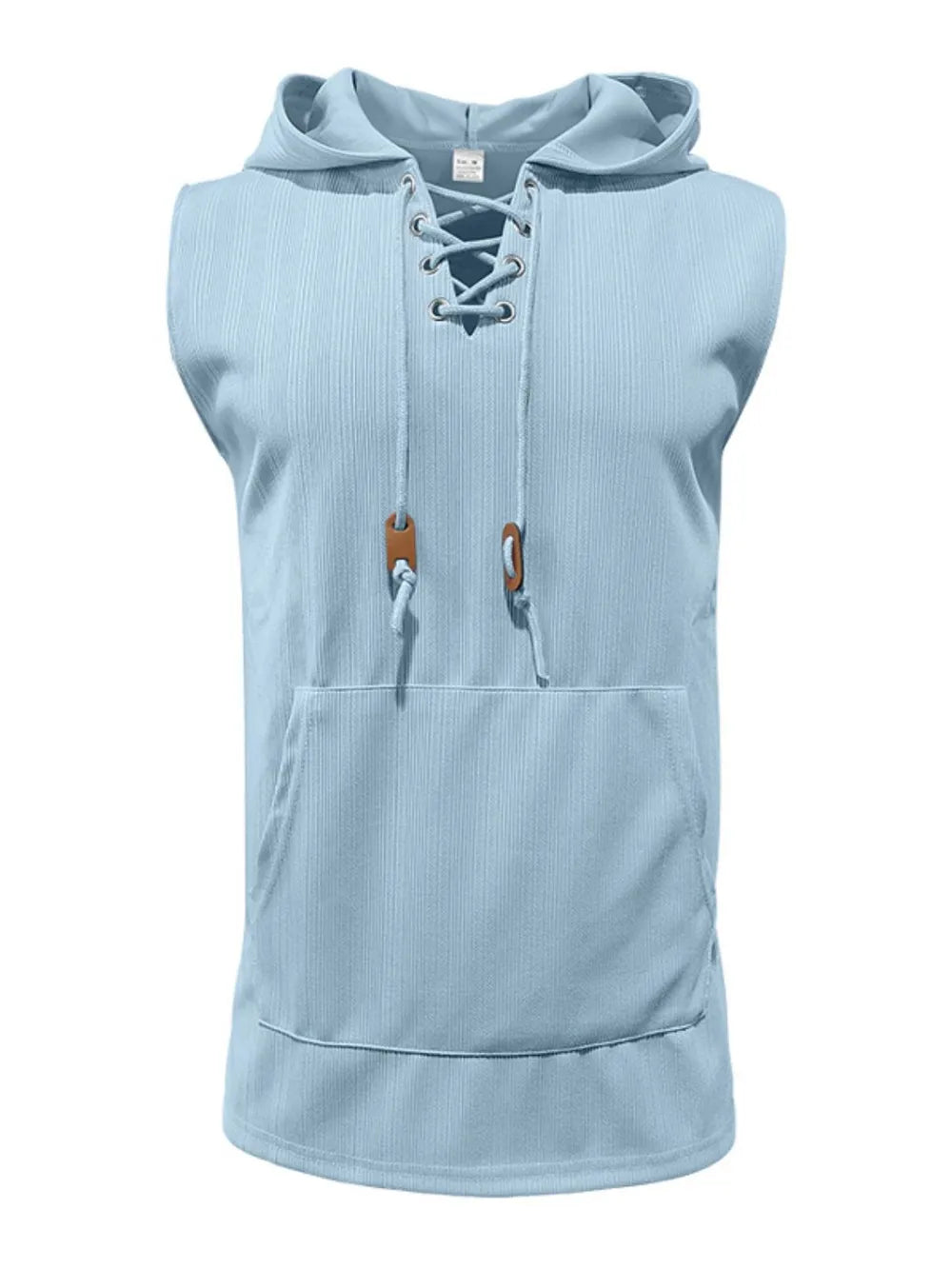 Light blue sleeveless ribbed knit hoodie with lace-up neckline and front pocket.