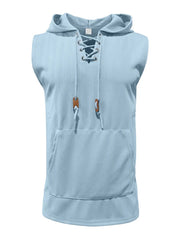 Light blue sleeveless ribbed knit hoodie with lace-up neckline and front pocket.