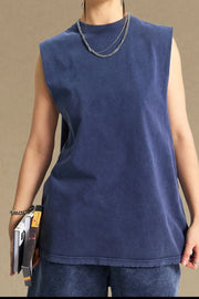 Navy washed cotton muscle tank top with raw hem and crew neck.