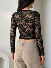 Lace Sleeve Square Neck Top in Black, fabric detail