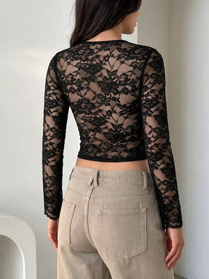 Lace Sleeve Square Neck Top in Black, fabric detail
