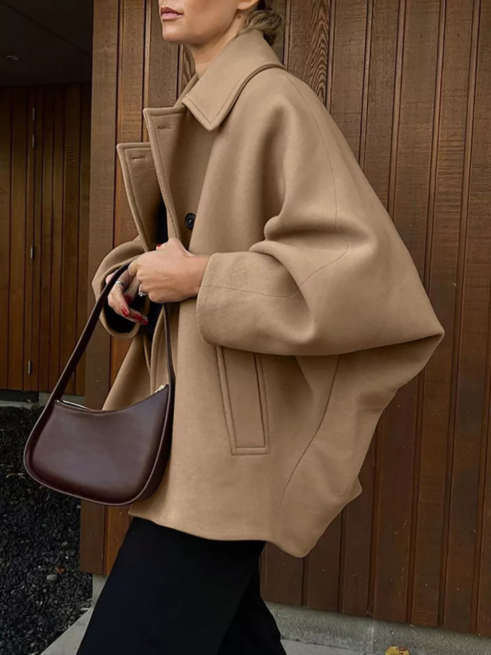 Oversized Lapel Collar Button-down Coat in Brown, view 13