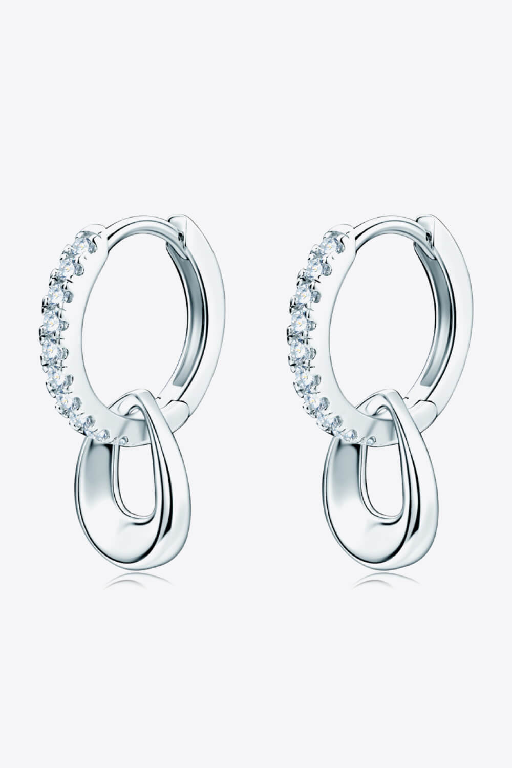 Sterling silver hoop earrings with pavé crystal accents and a polished teardrop charm.