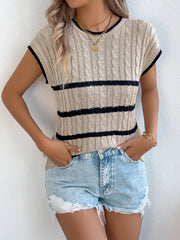 Sleeveless cable knit top in khaki with black stripes, crew neck, and black trim.