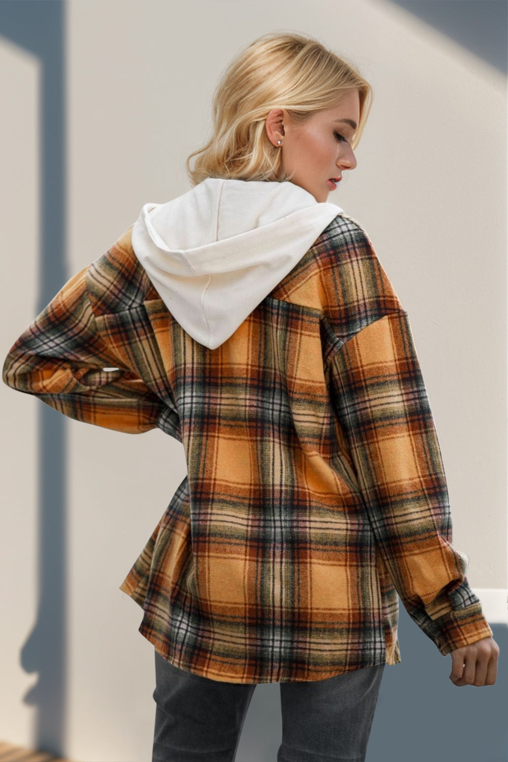Oversized plaid hooded shirt jacket in Sherbet with a white hood, shown from the back.