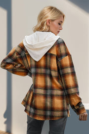 Oversized plaid hooded shirt jacket in Sherbet with a white hood, shown from the back.