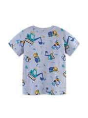 Toddler grey cotton crew neck t-shirt with all-over excavator and construction truck print.