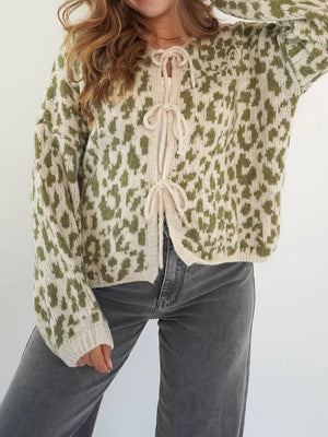 Sage leopard print tie-front cropped cardigan with cream trim and ties.