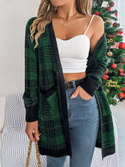 Plaid knit longline cardigan in dark green with black trim and pockets.