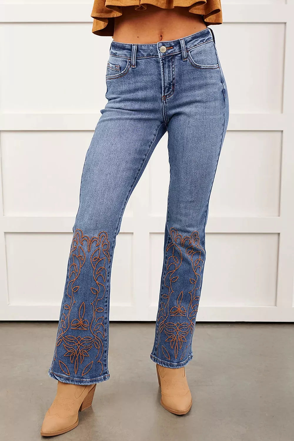 Embroidered Flare Leg Jeans, model styling view