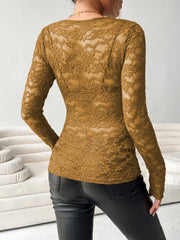 Scalloped lace second-skin top in olive with long sleeves and a floral pattern.