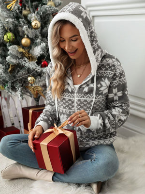 Gray Fair Isle fleece zip-up hoodie with sherpa trim and white drawstring.