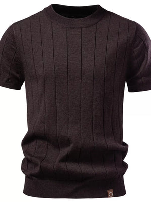 Men's coffee ribbed knit sweater with short sleeves and vertical texture detail.